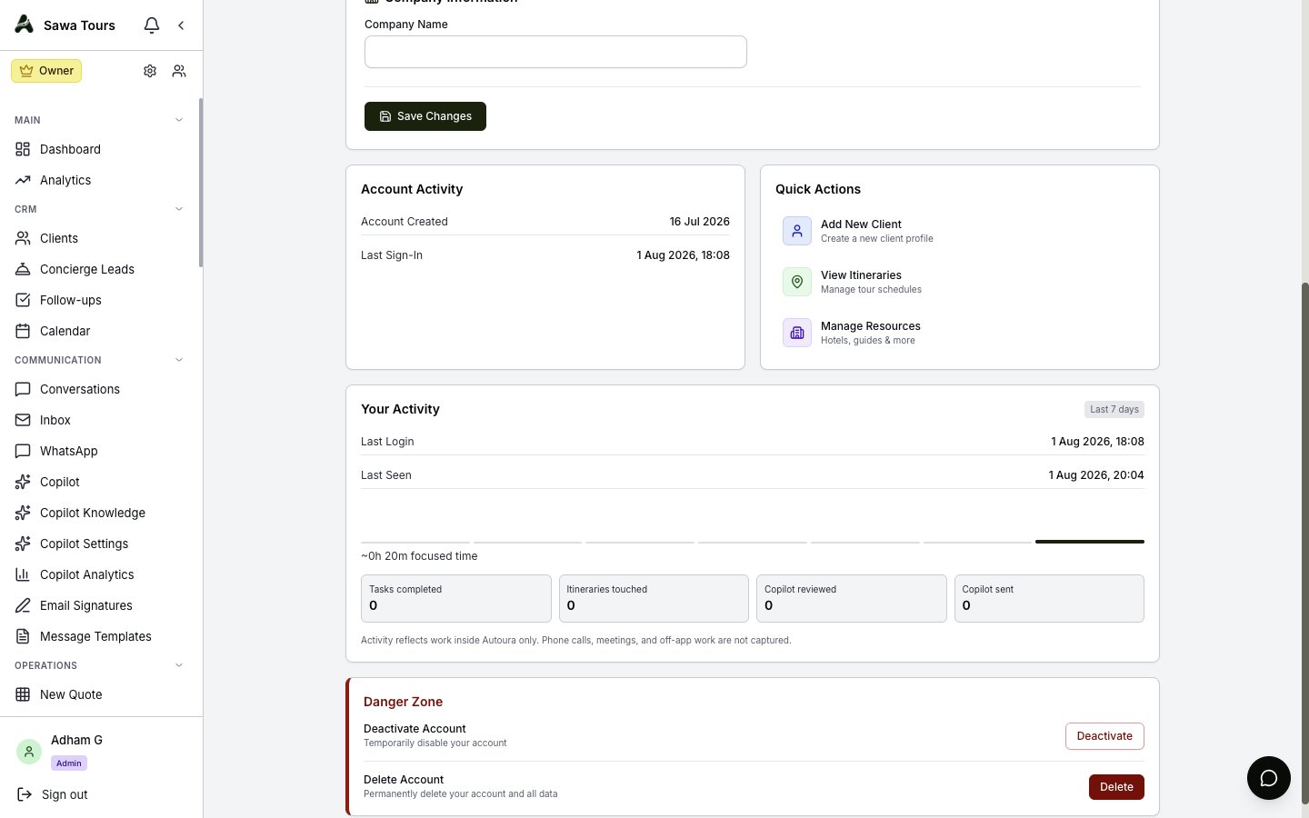 The Your Activity self-view on the profile page