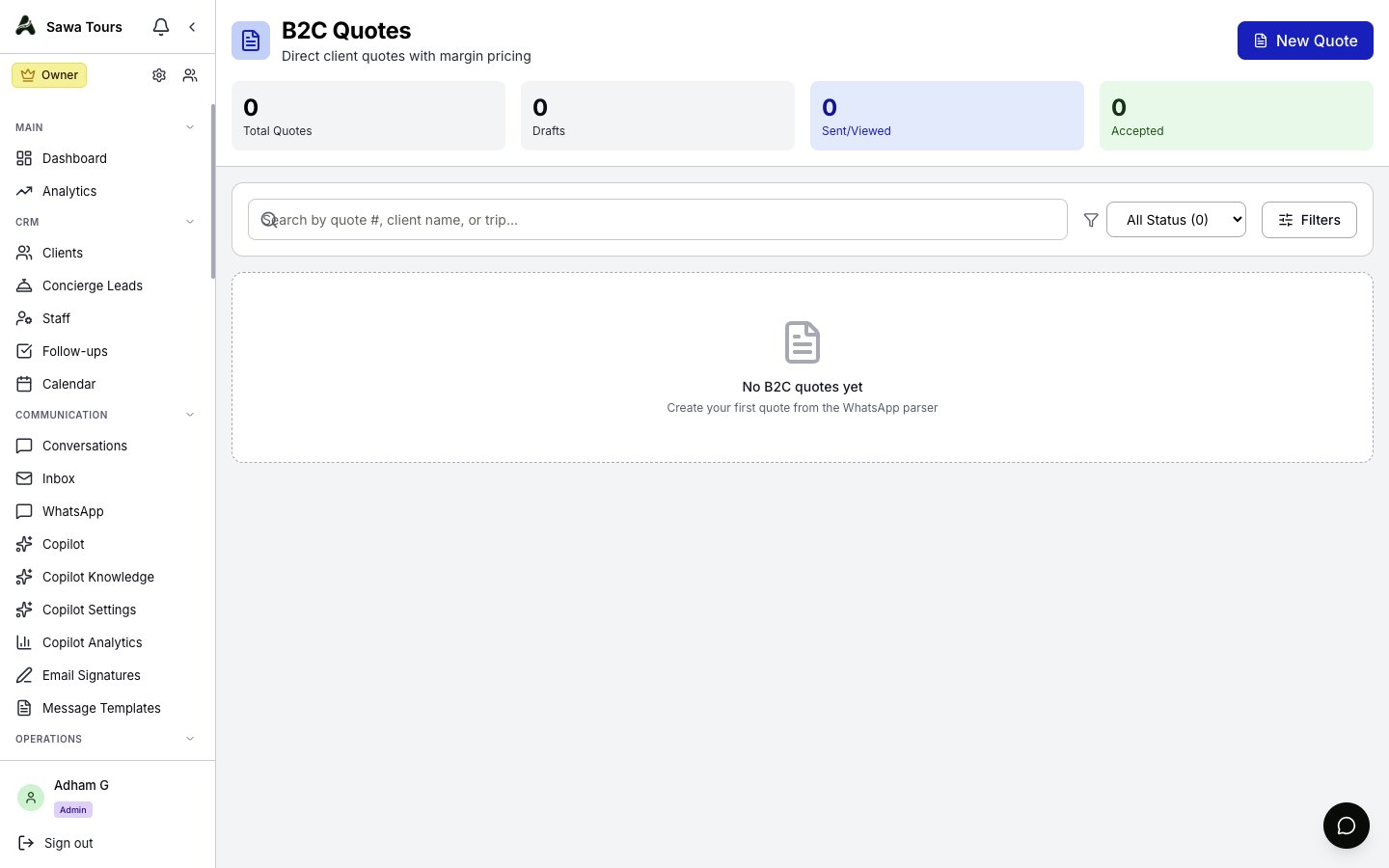 B2C Quotes page with status counts, search and filters, and the New Quote button