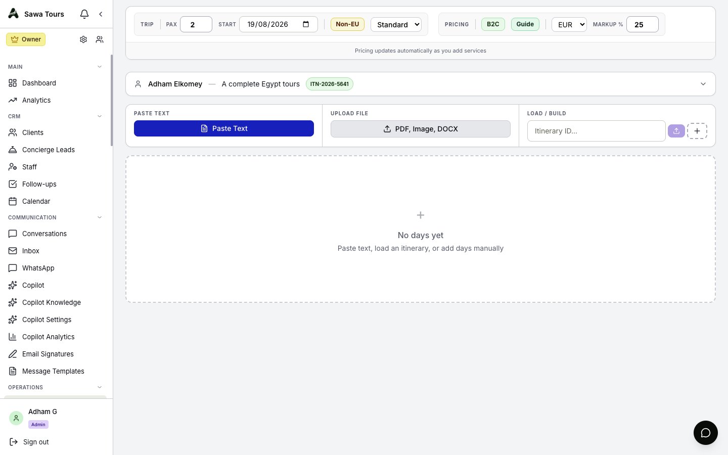 Pricing grid scrolled to the Grand Summary showing per-category totals, cost, margin, and sell price