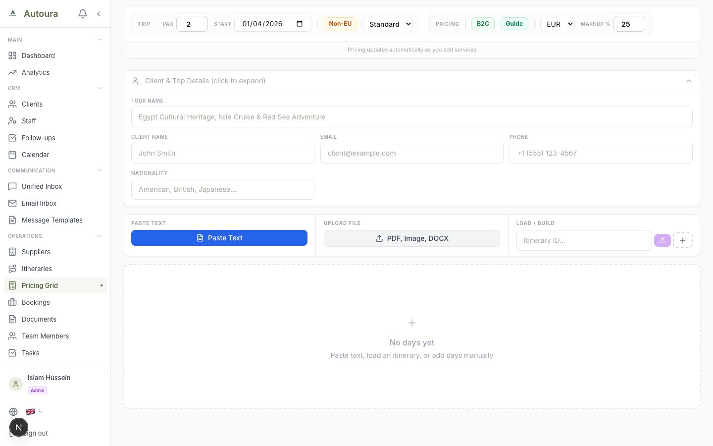 Itinerary pricing calculation with service breakdown