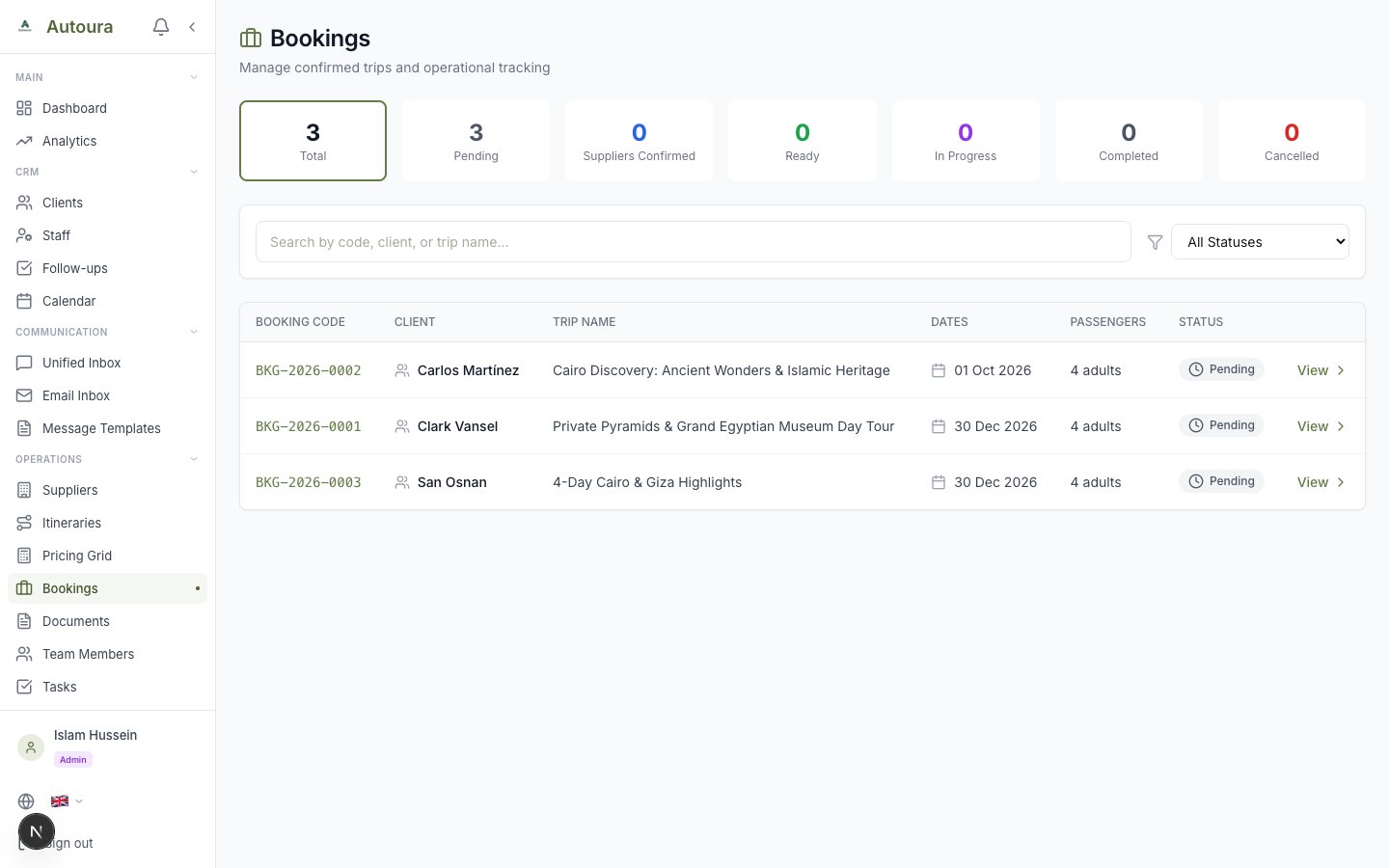 Bookings list page with status cards and booking rows
