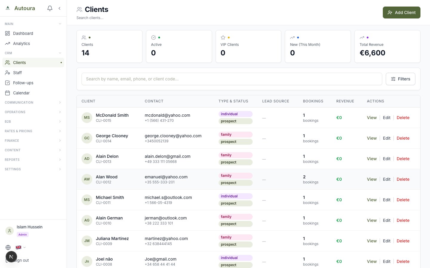 Client list page with search, filters, and client rows