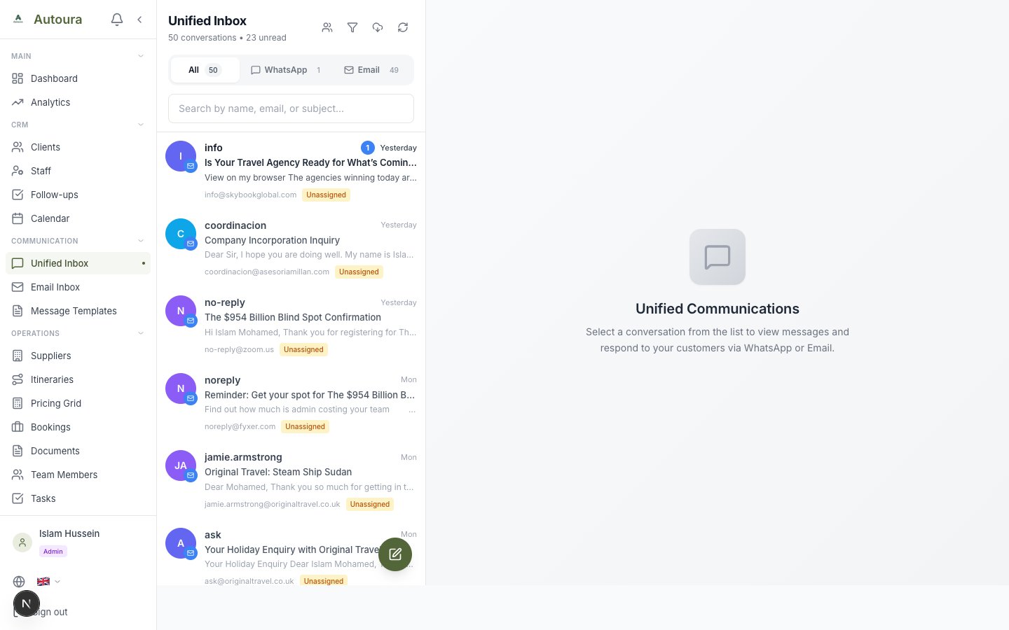 WhatsApp inbox with conversation list on left and active chat on right