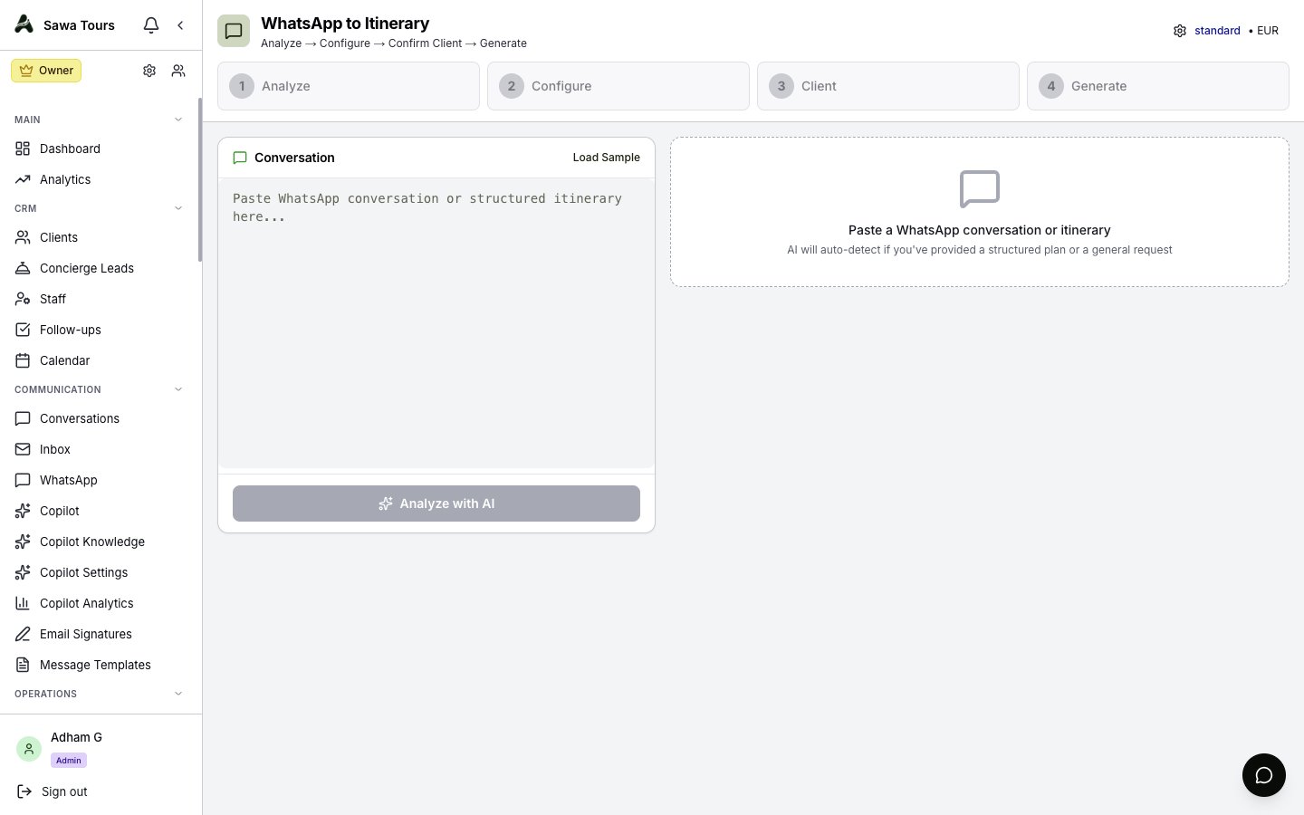 WhatsApp Parser wizard opened from a conversation, showing the 4-step flow (Analyze, Configure, Confirm Client, Generate) with extracted trip details