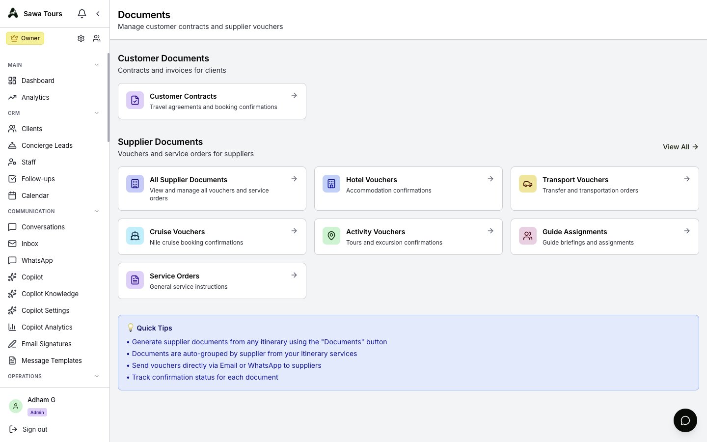 Documents hub page showing the Customer Documents section (contracts, invoices) and the Supplier Documents section listing the document types