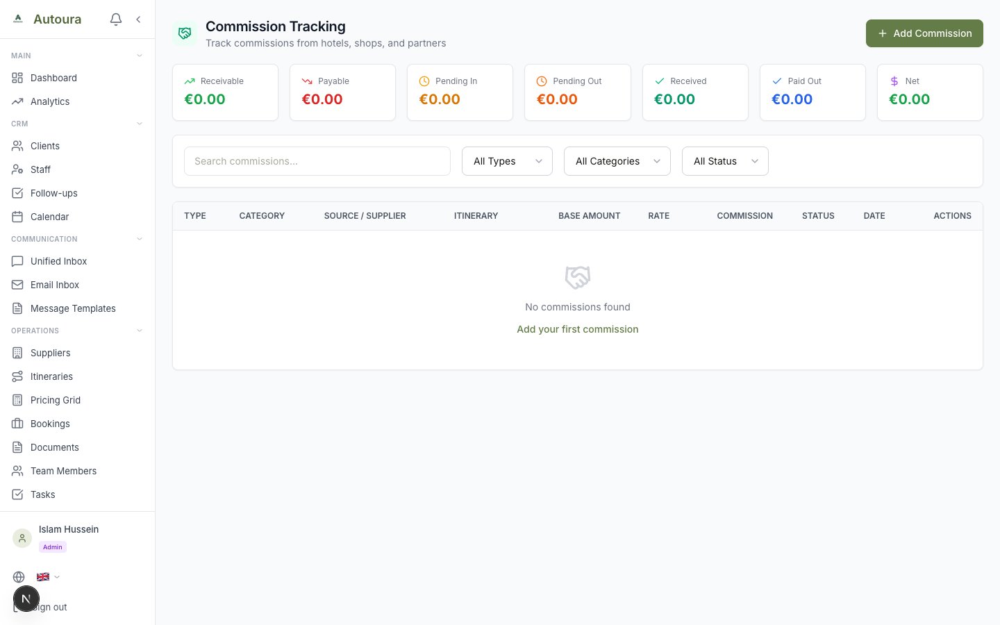 Add commission form with type selection, base amount, rate, and calculated commission