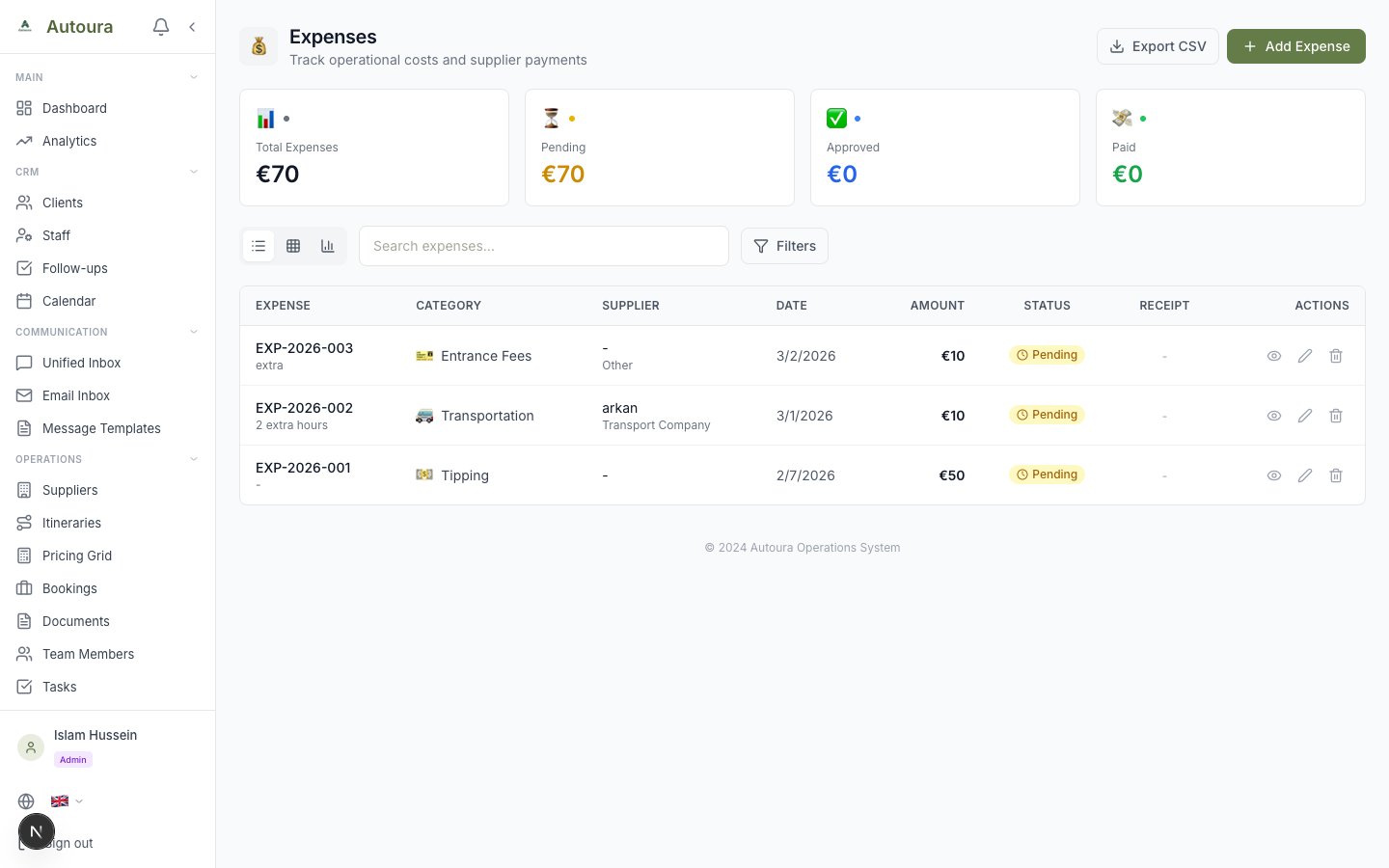Add expense form with category, amount, supplier, and itinerary link fields