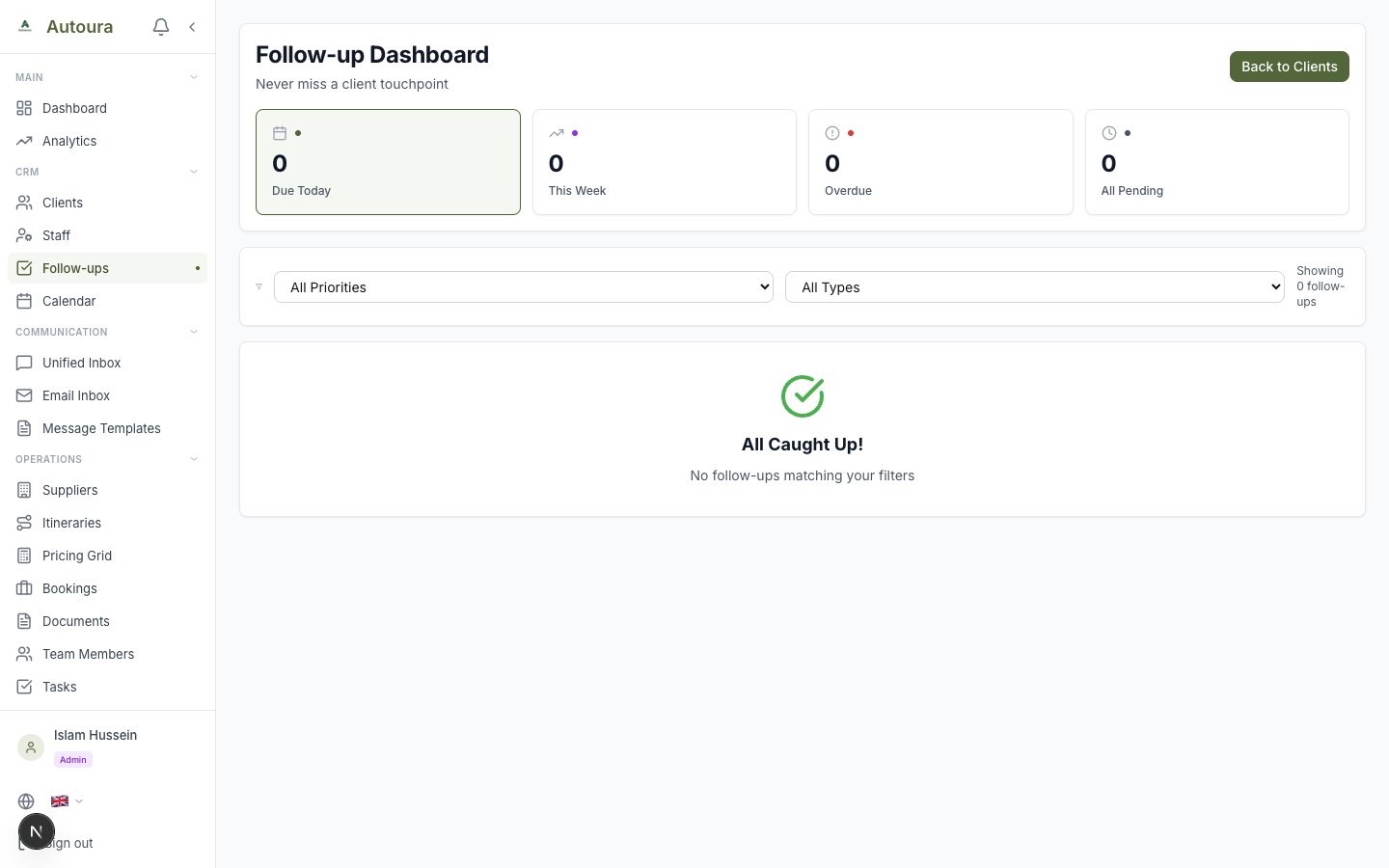 Follow-ups list with scheduled dates, client names, and status indicators