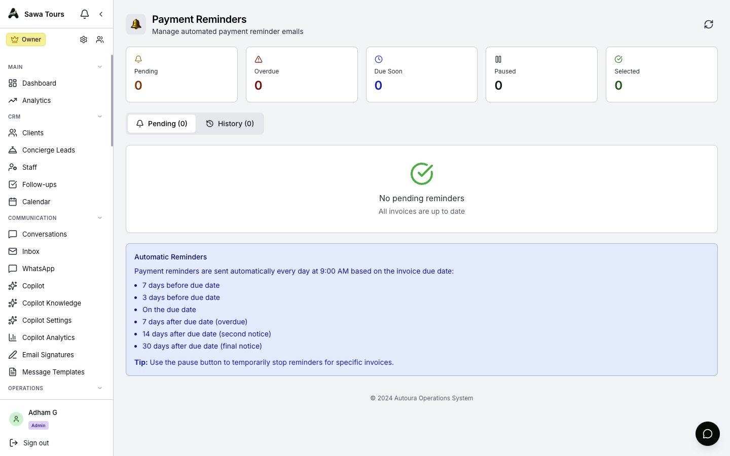 Payment Reminders page with Pending/History tabs, stat tiles, and batch-send selection