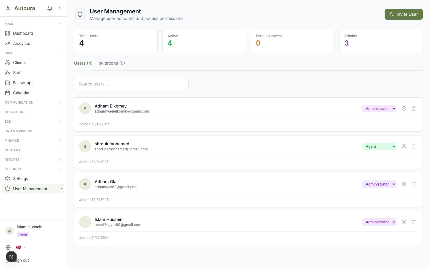 User management page showing roles and permissions