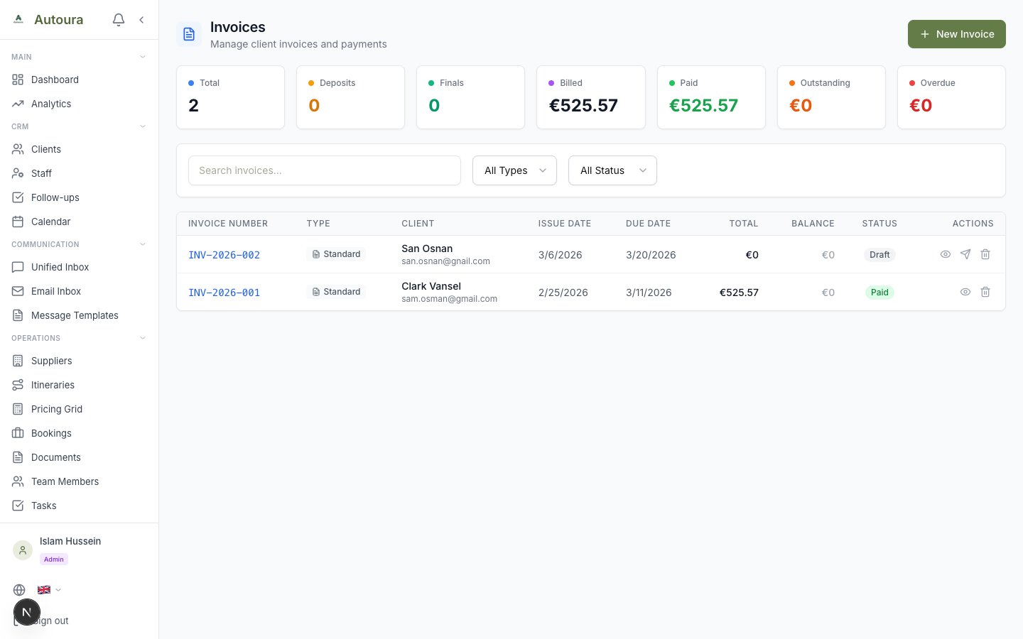 Invoices list page with status filters and invoice table