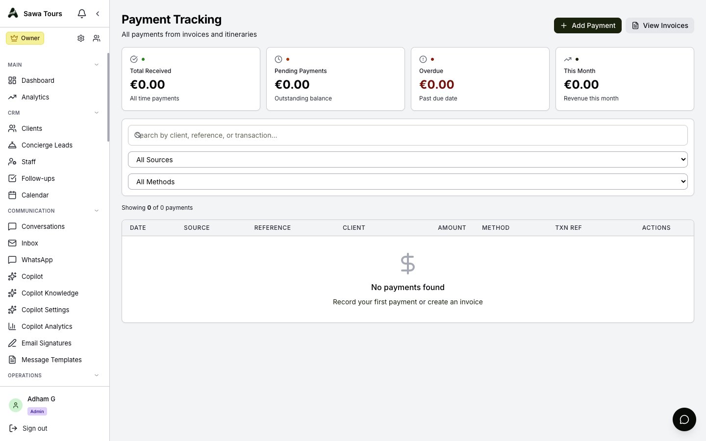 Payment Tracking page with unified invoice and itinerary payments, source and method filters