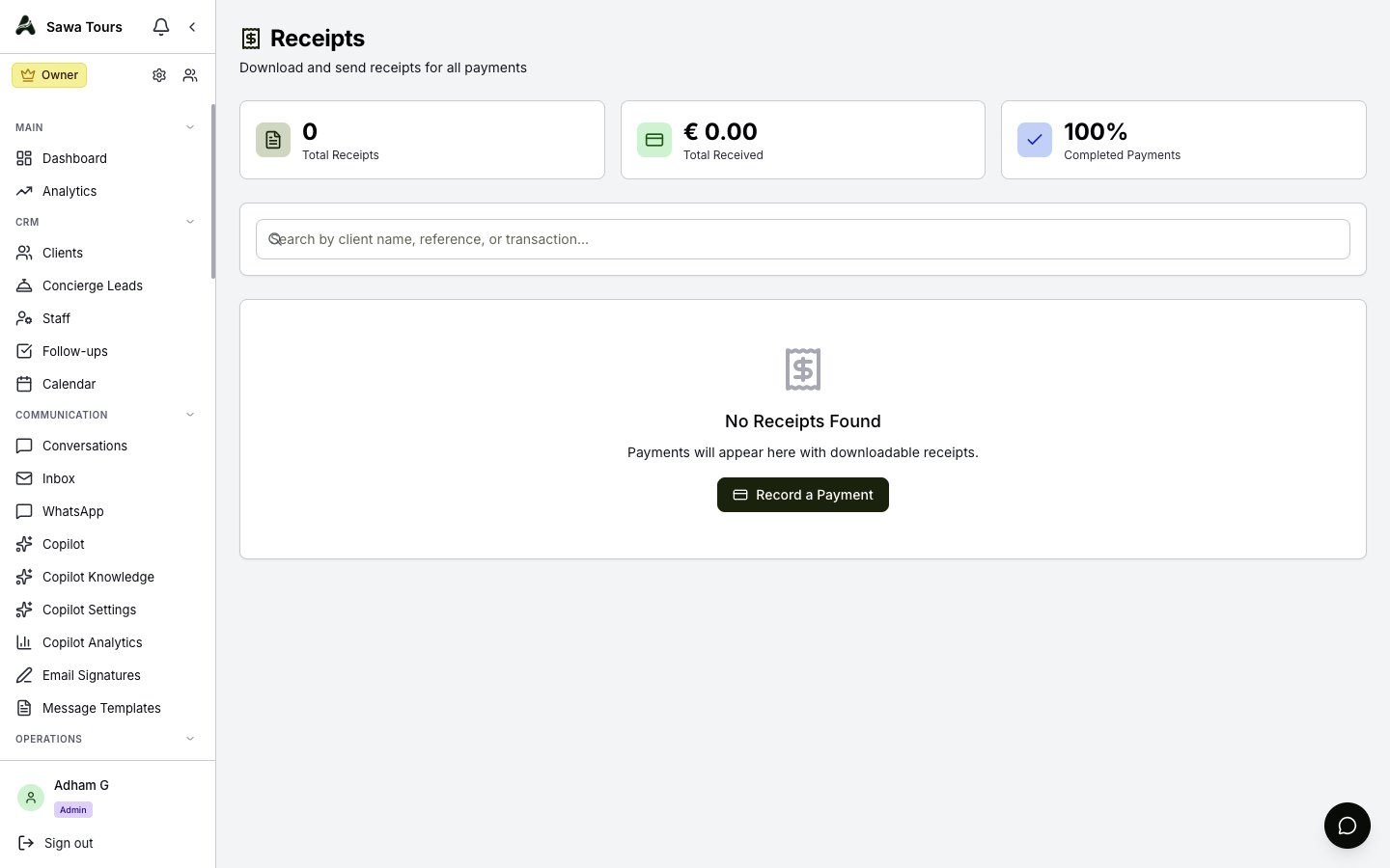 Receipts page with totals cards, search, and per-payment receipt downloads