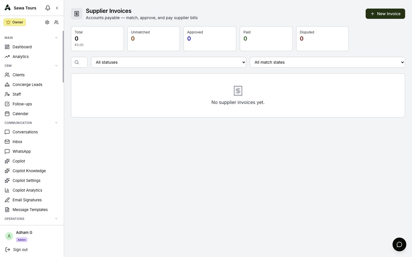 Supplier Invoices page with upload, AI auto-extraction, status workflow, and match states