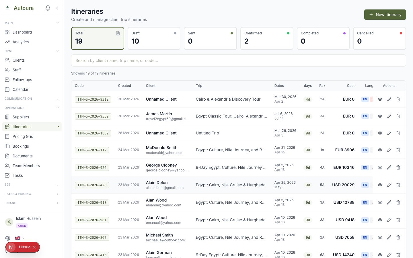 Itineraries list page with status cards and search bar