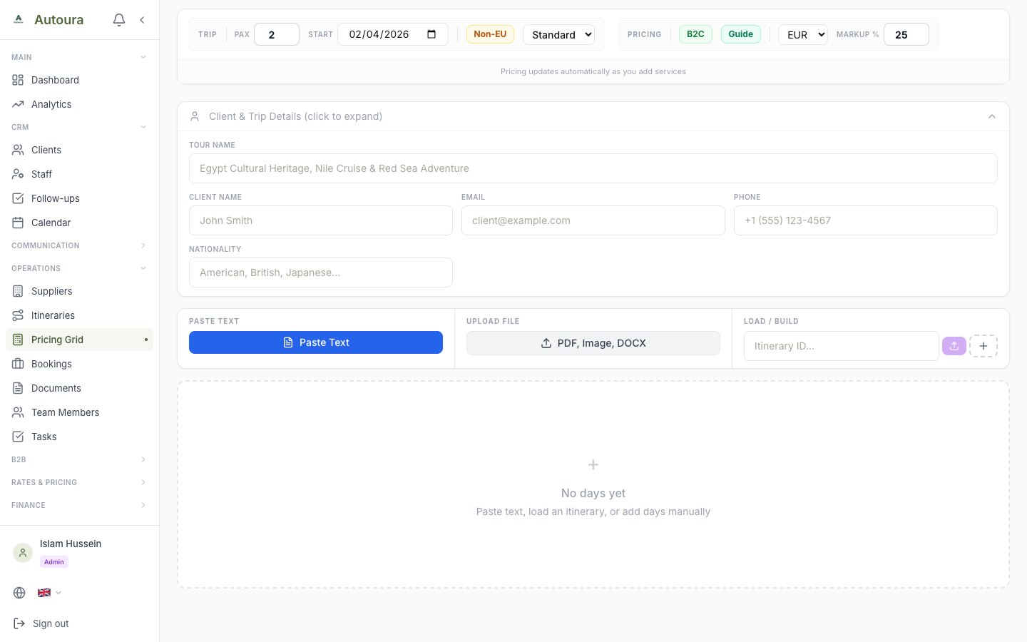 Pricing Grid showing trip settings, live quote, client details, and the three input methods