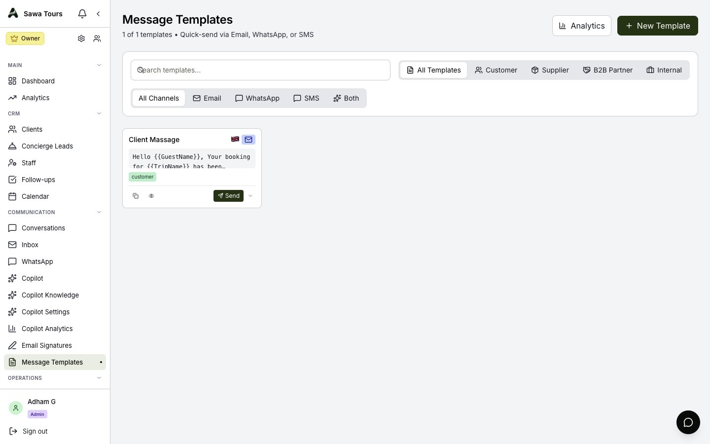 Templates page with the analytics panel showing totals, 30-day sends, success rate, top templates, and channel distribution