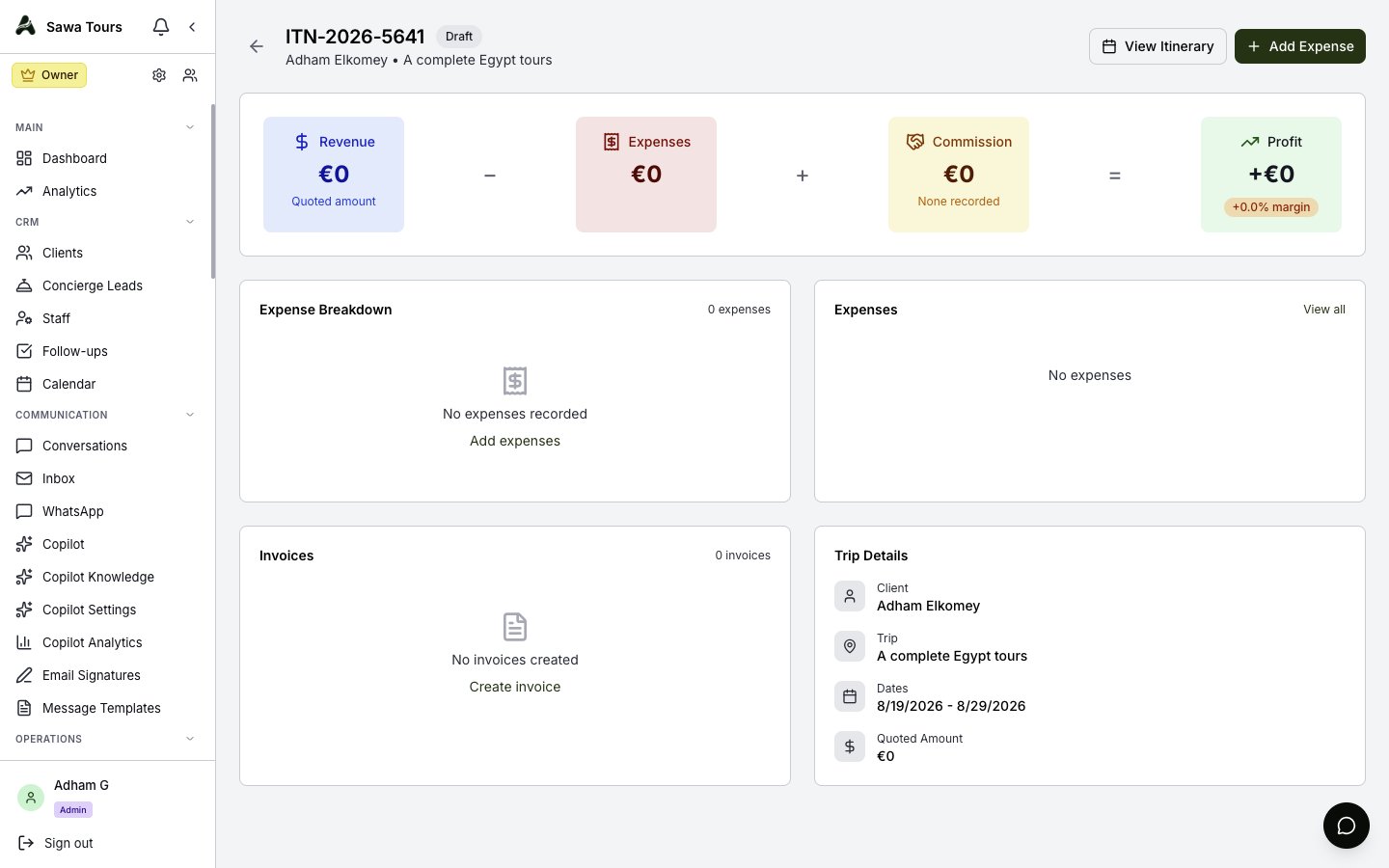 Per-trip P&L page with the Revenue − Expenses ± Commission equation, margin badge, and breakdown panels