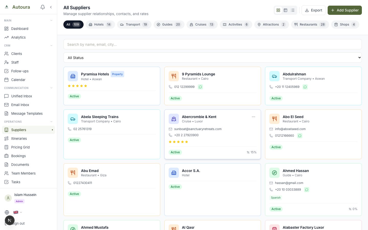 Guides management page showing guide profiles with languages, rates, and availability