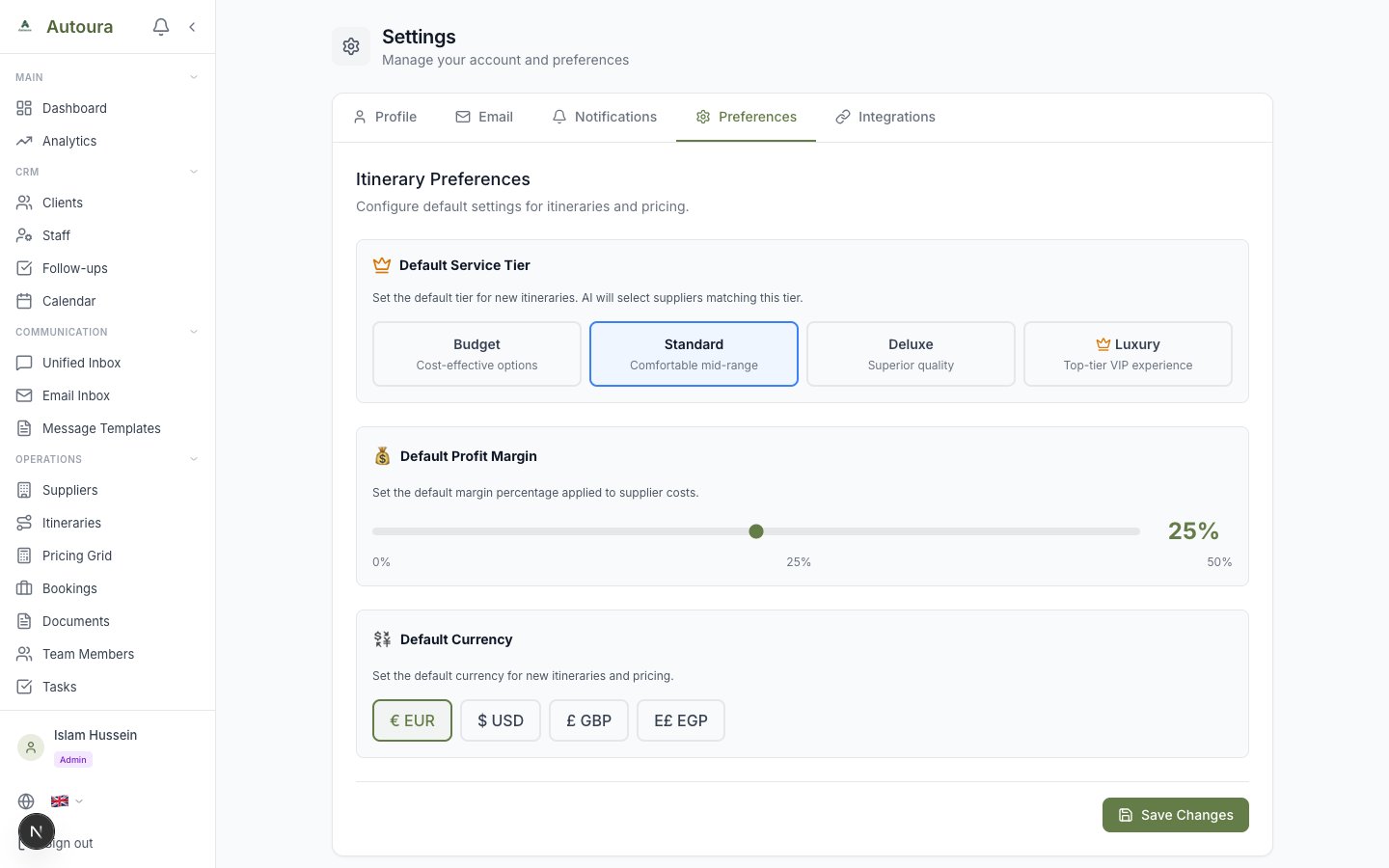 Settings page showing preferences section with cost mode, currency, tier, and language options