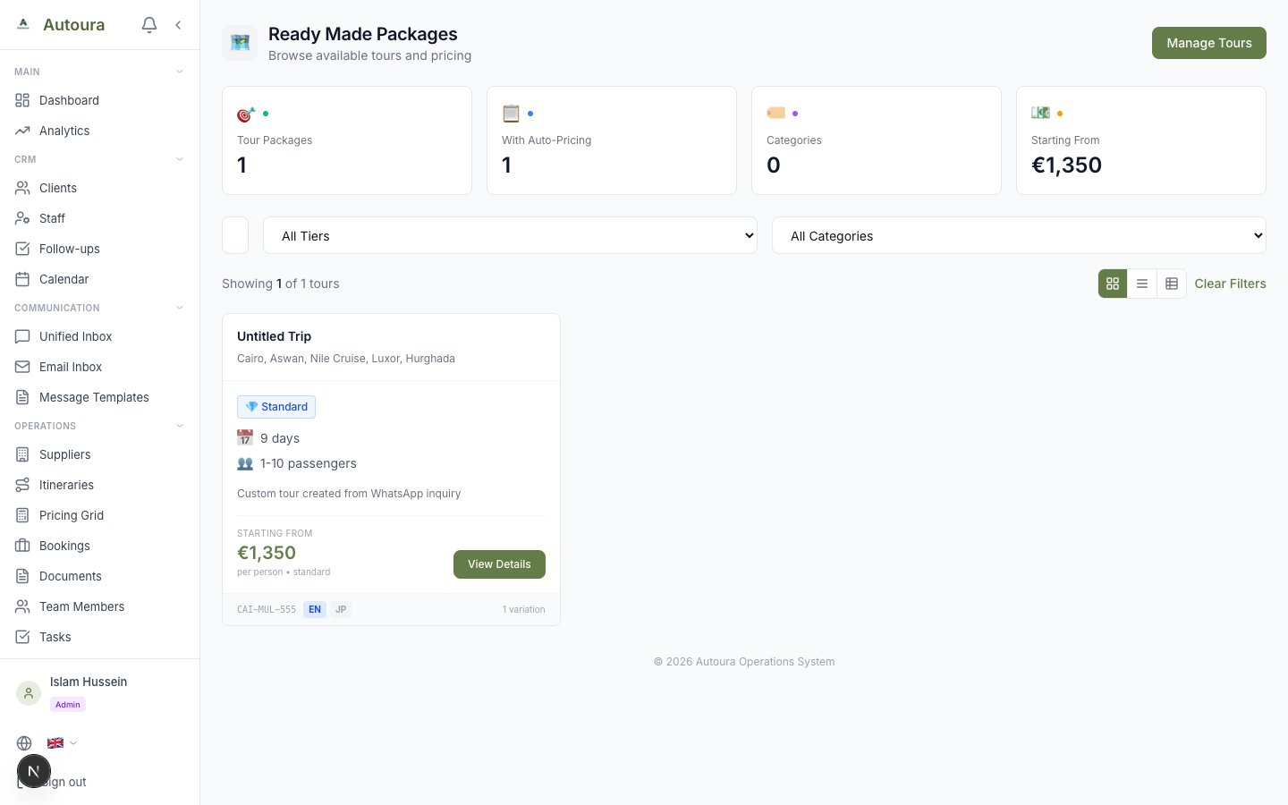 Tours list page showing tour cards with destination, duration, and pricing
