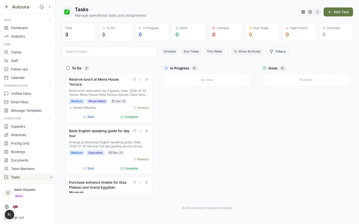 Task management page showing Kanban board with draggable task cards
